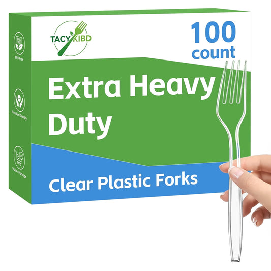 CareLoom 100 Count Extra Heavy Duty Clear Plastic Forks Disposable, BPA-Free, Heat Resistant, Solid and Durable Disposable Forks Bulk, Premium Plastic Forks heavy duty for Party Supply