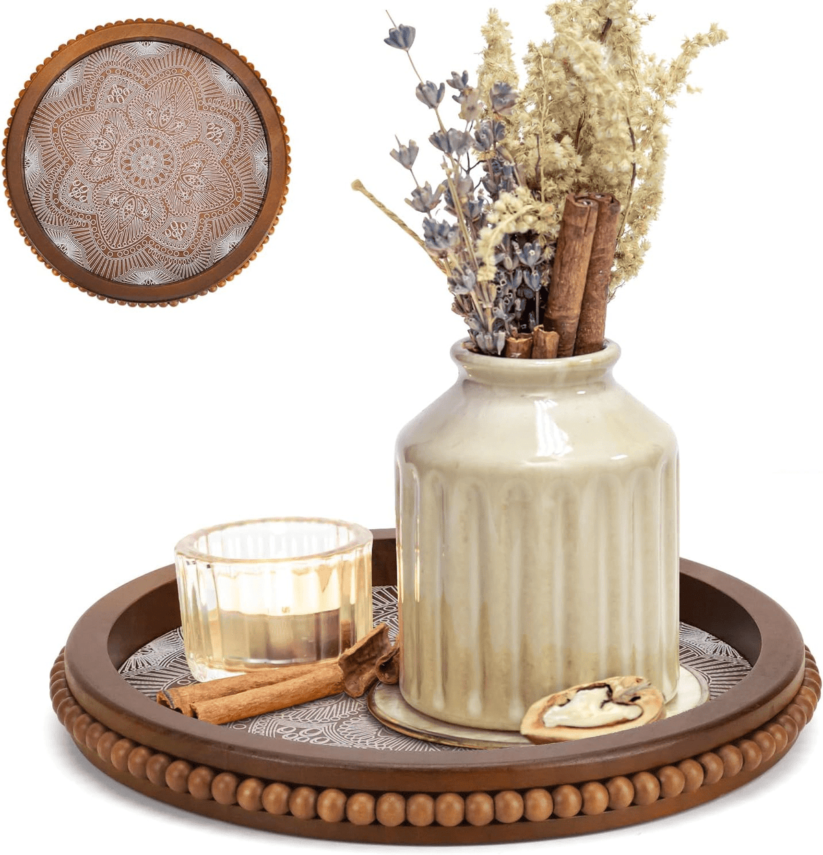 Wood Decorative Beaded Trays, Rustic Coffee Table Tray for Boho Home Decor, Round Serving Floral Tray for Ottoman Kitchen Counter Farmhouse Centerpiece Decor