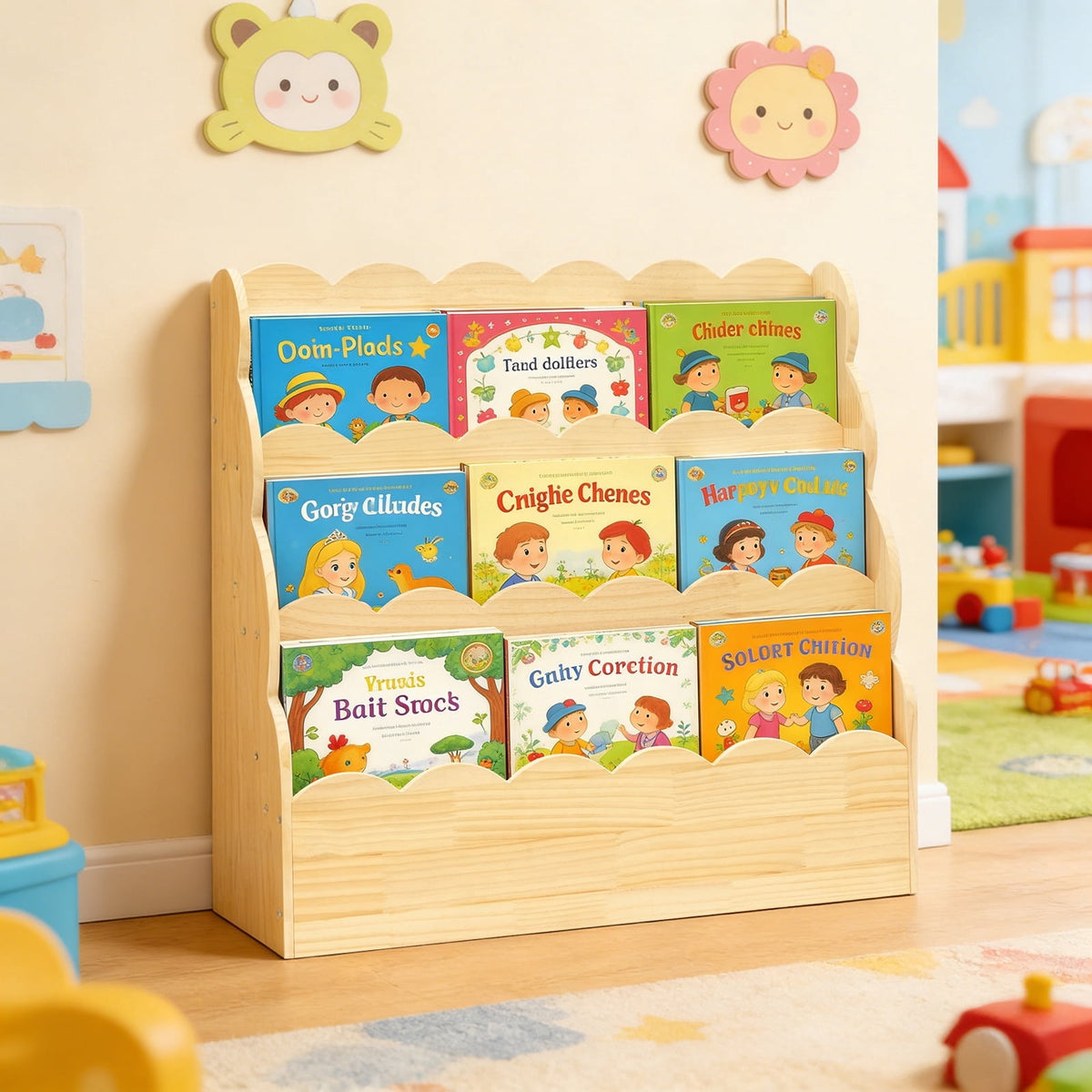 Yeulluey 3-Tier Scalloped Bookshelf, Montessori Bookcase for Toddlers, Wooden Book Shelf Organizer Display Furniture for Kids Rooms, Playroom, Nursery , Natural