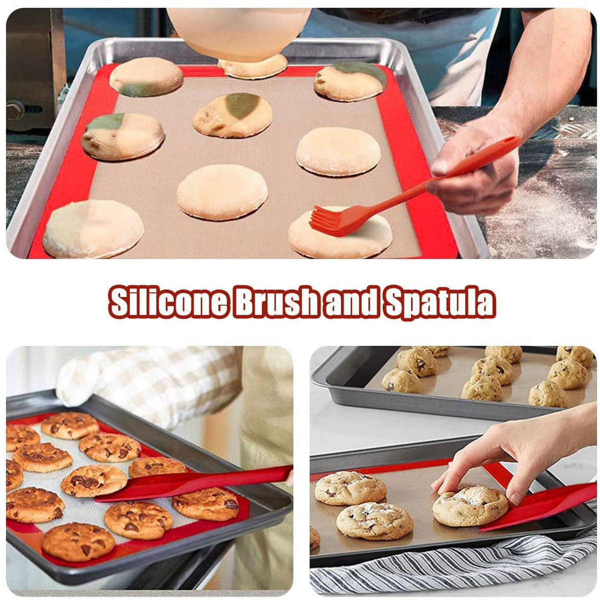 Silicone Baking Mats Set of 7, Non-Stick Silicone Mats for Baking, Reusable Baking Oven Liner Sheet with Small Silicone Brush Spatula Set for Cake/Macaron/Pastry/Cookie/Bread