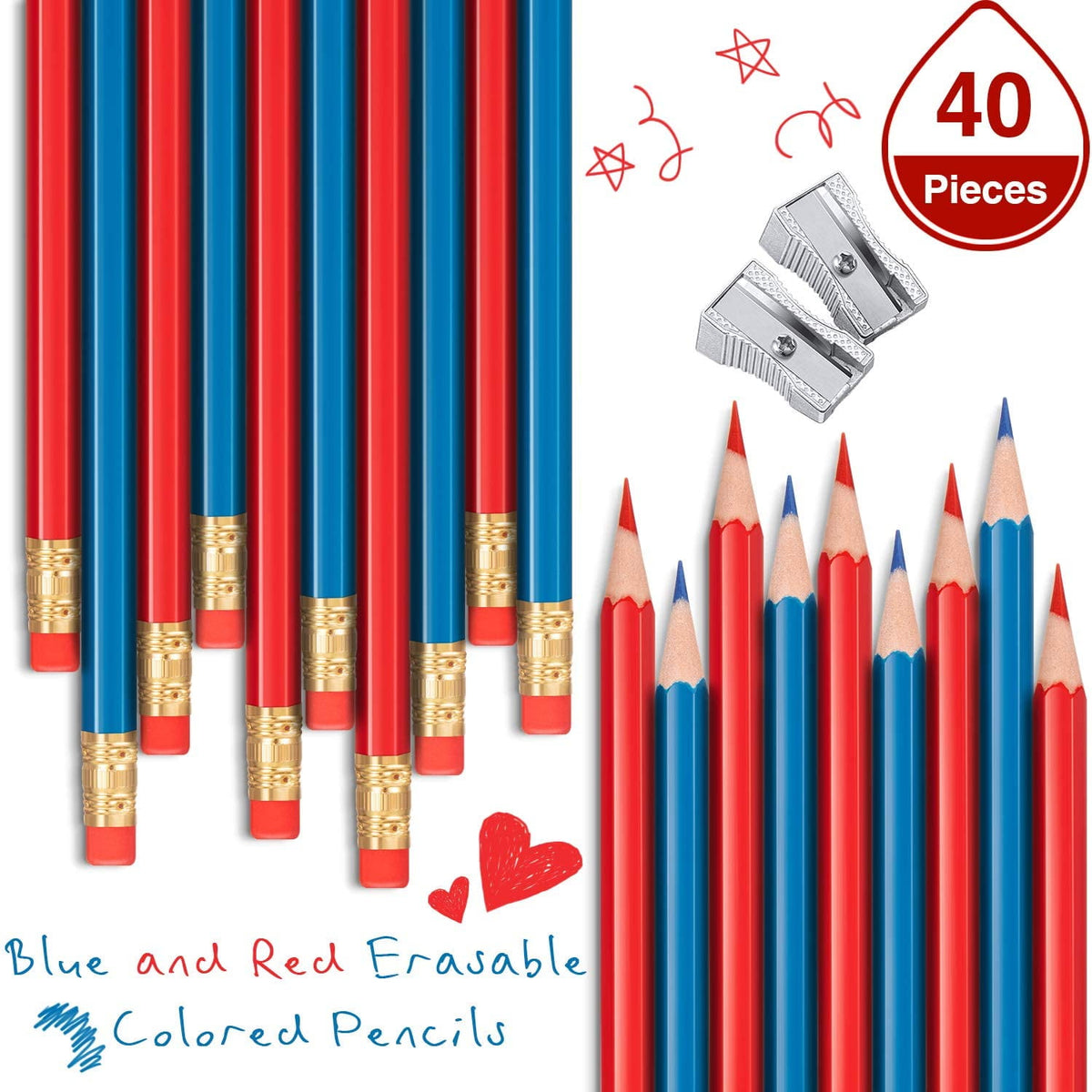 40 Counts Erasable Colored Pencils Red Blue Colored Pencils with Eraser and 2 Pieces Mini Metal Pencil Sharpeners