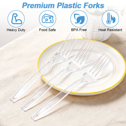 CareLoom 100 Count Extra Heavy Duty Clear Plastic Forks Disposable, BPA-Free, Heat Resistant, Solid and Durable Disposable Forks Bulk, Premium Plastic Forks heavy duty for Party Supply