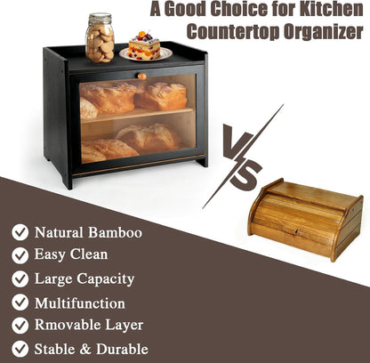Bamboo Bread Box for Kitchen Countertop, Double Layer Bread Storage Container Farmhouse Bread Organizer Bin with Acrylic Window Bread Holder for Cabinet, Pantry, Cupboard(Black)