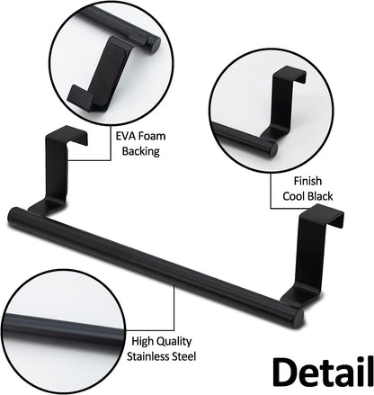 2 Packs Over The Door Towel Rack, STONCEL Stainless Steel Towel Holder and Washcloth Rack, 9in Over The Cabinet Hand Dish Towel Bar for Bathroom Kitchen Living Room Bar Holder Cupboard Black
