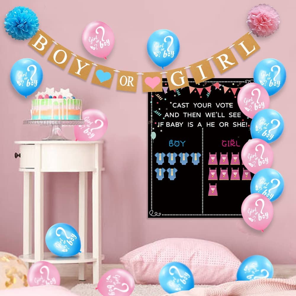 Baby Gender Reveal Decoration Set, Gender Reveal Party Poster Games with 54 Boy or Girl Voting Stickers, 26 Gender Reveal Party Supplies with Black, Pink, Blue Balloon, Baby Shower Banner