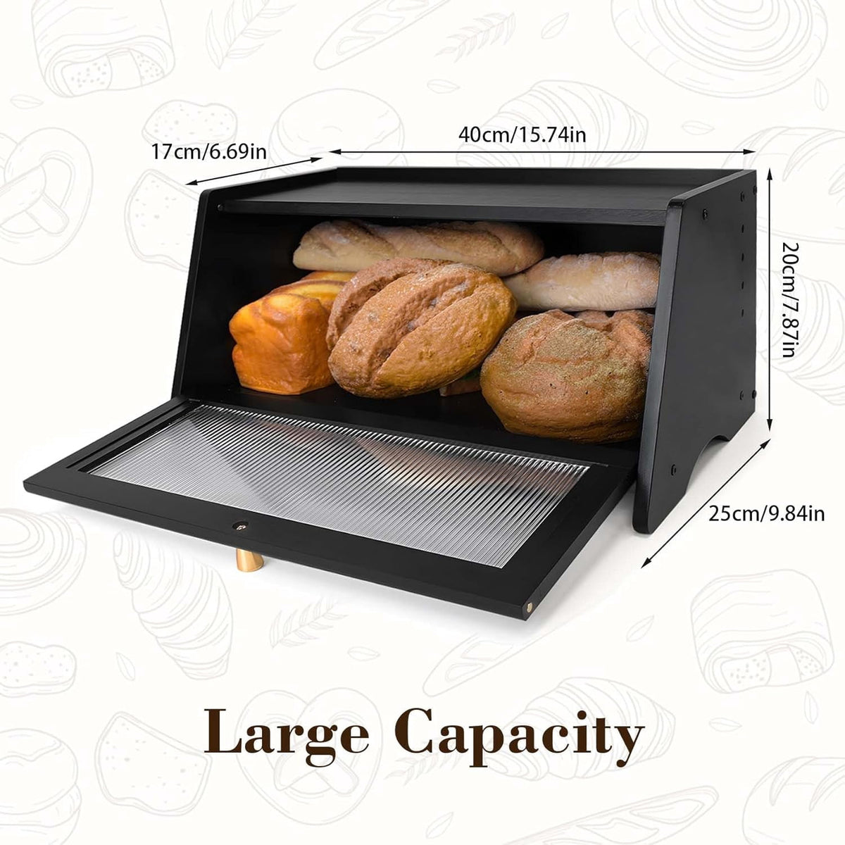 Black Bread Box for Kitchen Countertop, Yeulluey Bamboo Bread Box Bread Storage Container for Homemade Bread, Large Bread Bin with Window and Air Vents to Keep Fresh Bread