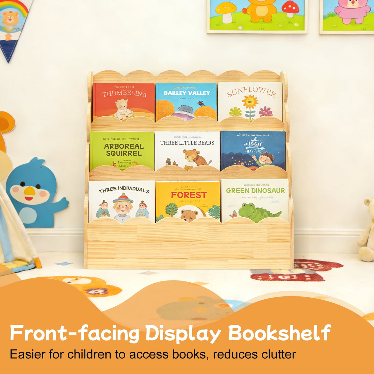 Yeulluey 3-Tier Scalloped Bookshelf, Montessori Bookcase for Toddlers, Wooden Book Shelf Organizer Display Furniture for Kids Rooms, Playroom, Nursery , Natural