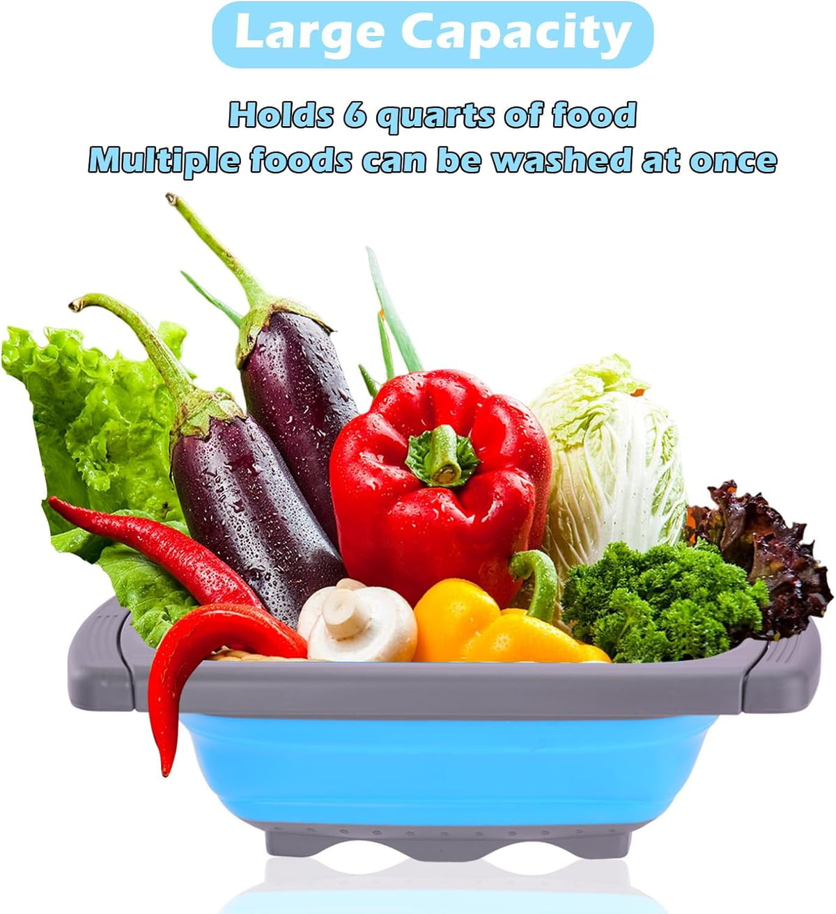 QUMENEY Collapsible Colander Strainer, Over the Sink Colander，Vegetable/Fruit Colanders Strainers with Extendable Handles,6 Quart,Blue