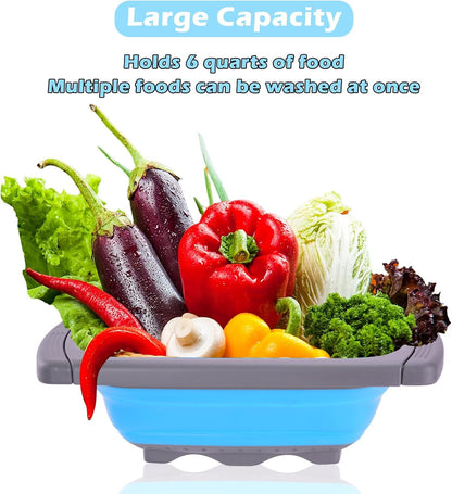 QUMENEY Collapsible Colander Strainer, Over the Sink Colander，Vegetable/Fruit Colanders Strainers with Extendable Handles,6 Quart,Blue