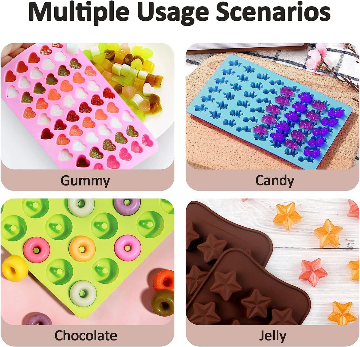 4 Pcs Gummy Molds, STONCEL Non-stick Silicone Chocolate Molds with 2 Droppers, Mini Candy Molds Including Dinosaur Donut Heart Star Shape for Chocolate Jelly Ice Cube Candy Baking Cake Decoration