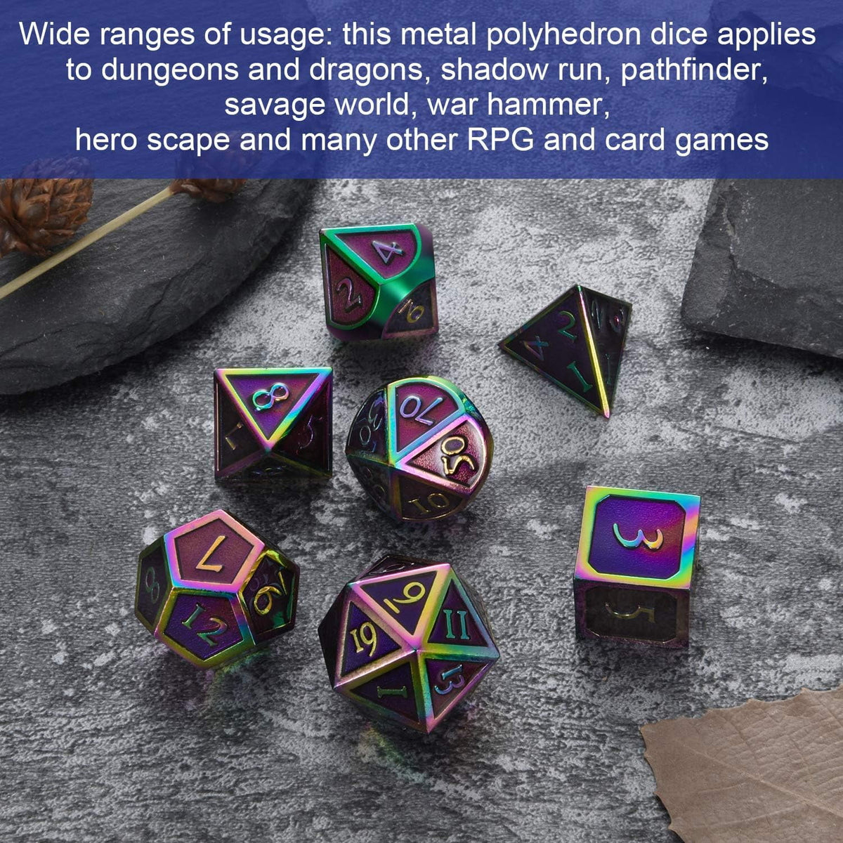 7 Pieces Metal Dices Set DND Game Polyhedral Solid Metal D&D Dice Set with Storage Bag and Zinc Alloy with Enamel for Role Playing Game Dung