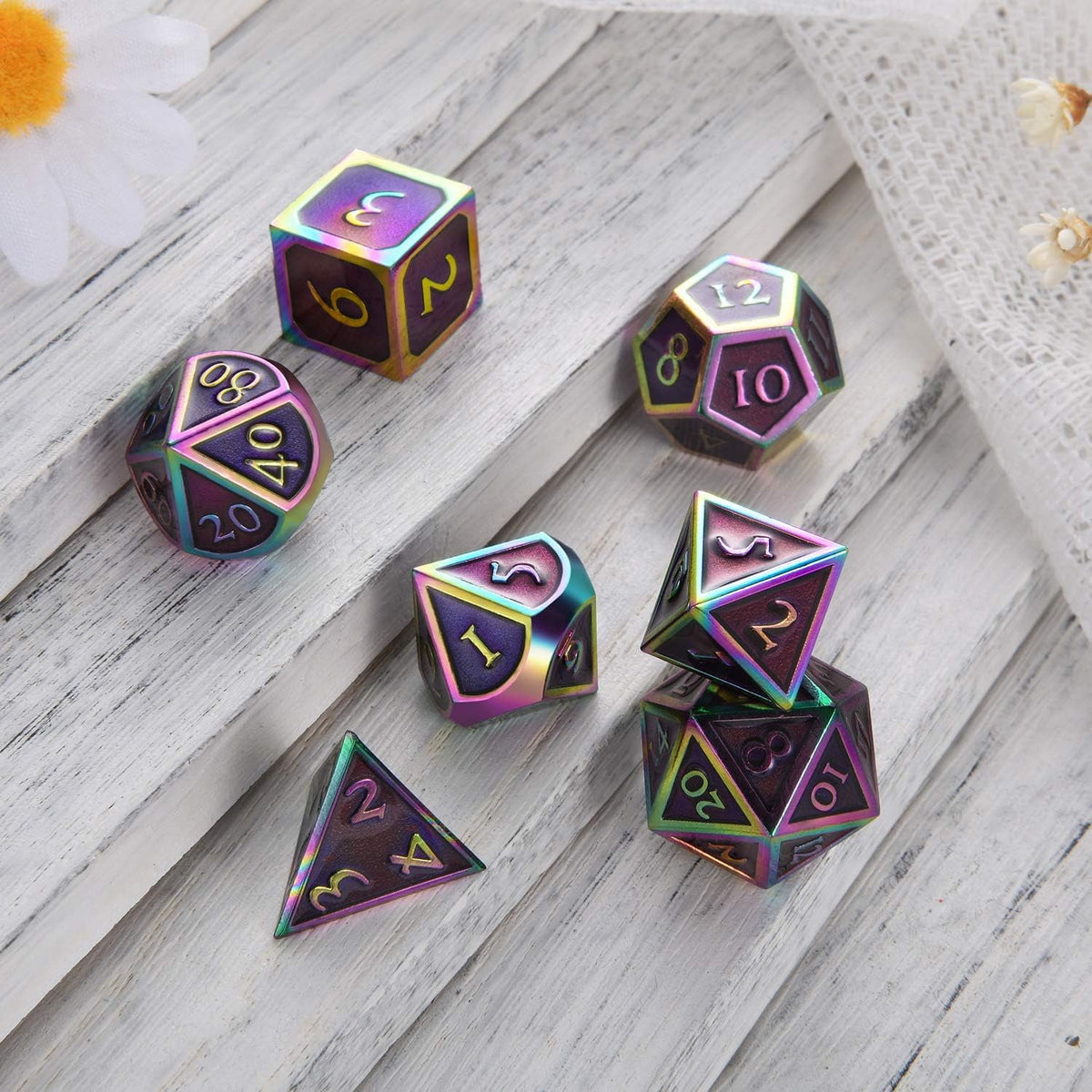 7 Pieces Metal Dices Set DND Game Polyhedral Solid Metal D&D Dice Set with Storage Bag and Zinc Alloy with Enamel for Role Playing Game Dung