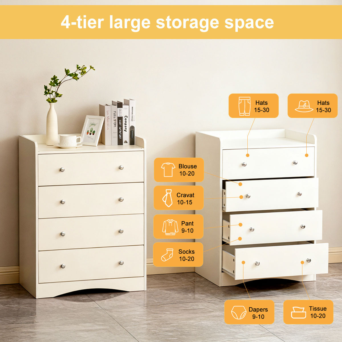 Yeulluey White Dresser, 4 Drawer Dressers Chest of Drawers, Modern Tall Dresser, Wood Drawer Chest Storage Cabinet for Living Room, Hallway, Entryway, Home Office, Ivory White