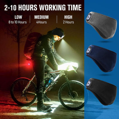 QUMENEY 3 Pieces LED Headband with Light Rechargeable Fleece Ear Warmer Elastic Headband Winter Headlamp with Light