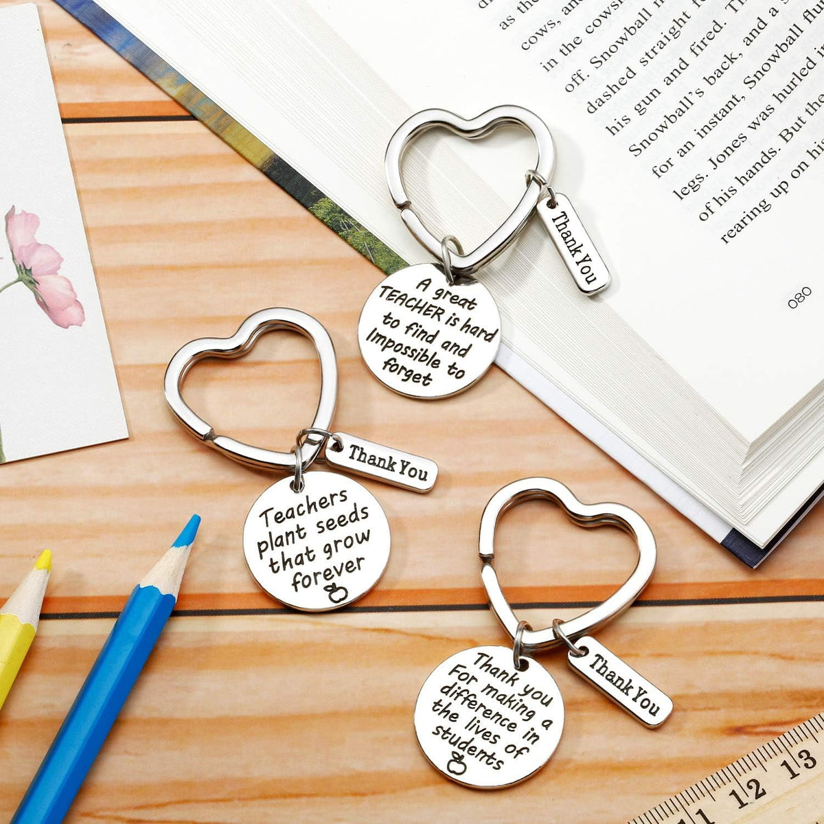 6 Pcs Teacher Appreciation Gift Keychain for Women Thank You Teacher Keychain Heart Shaped Keychain Inspirational 2023 Teacher's Day Jewelry