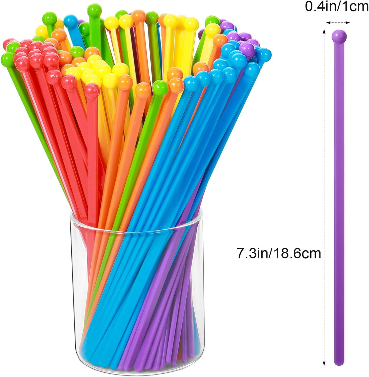 QUMENEY 100 Pieces Disposable Plastic Round Top Crystal Swizzle Sticks (Rainbow Color)