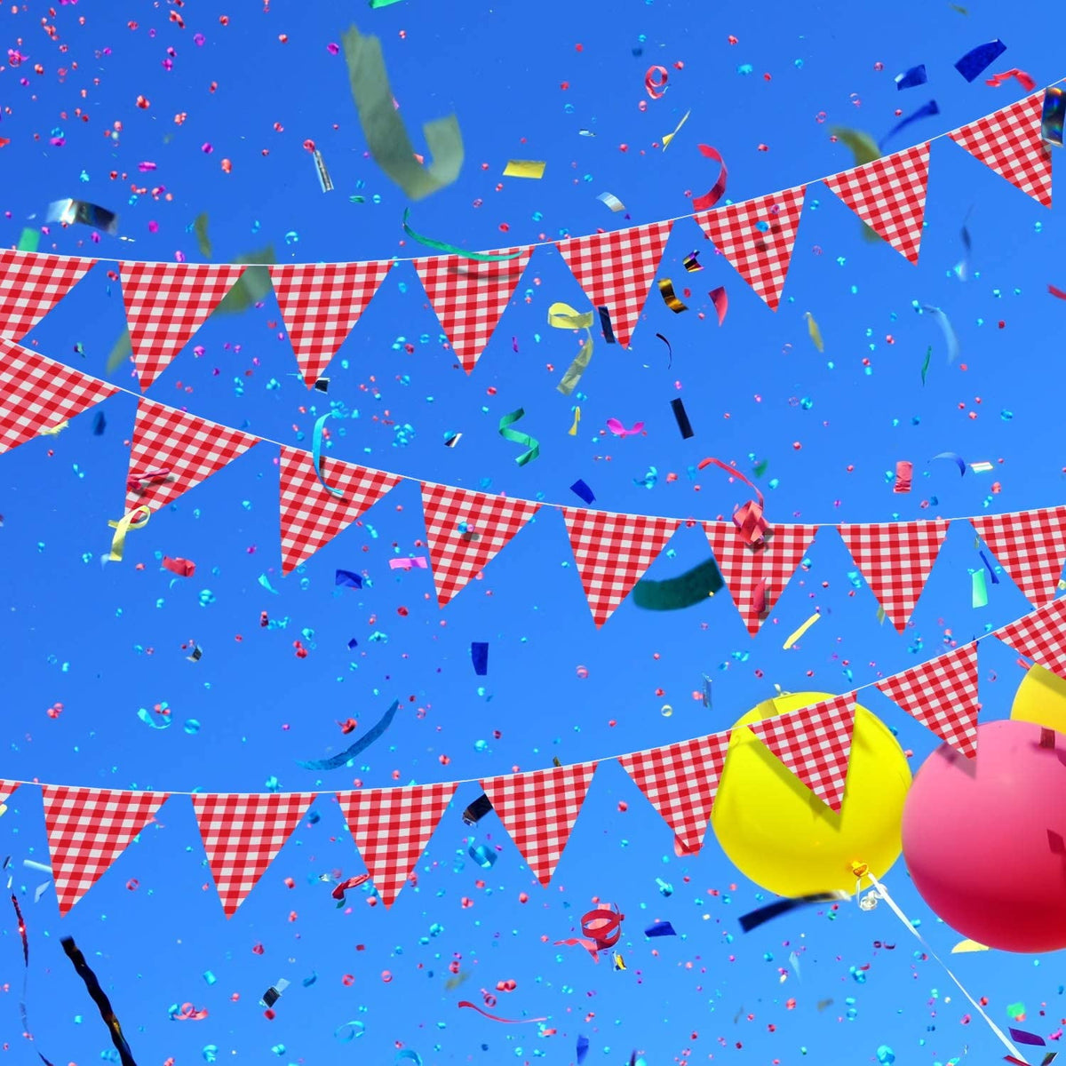 98.4 Feet Large Plastic Red and White Checkered Pennant Banner Gingham Triangle Banner Red and White Banner for Picnic BBQ Birthday Christma
