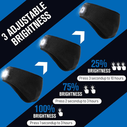 QUMENEY 3 Pieces LED Headband with Light Rechargeable Fleece Ear Warmer Elastic Headband Winter Headlamp with Light