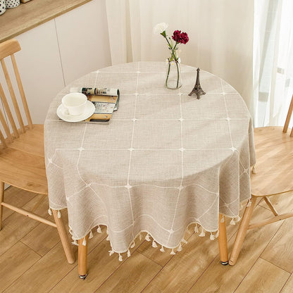 STONCEL Round Tablecloth, Boho Plaid Tassel Round Table Cloth, Heavy Weight Cotton Linen Table Cover for Kitchen Dining Farmhouse Party Tabletop Christmas Picnic Decoration (55inch, Beige)