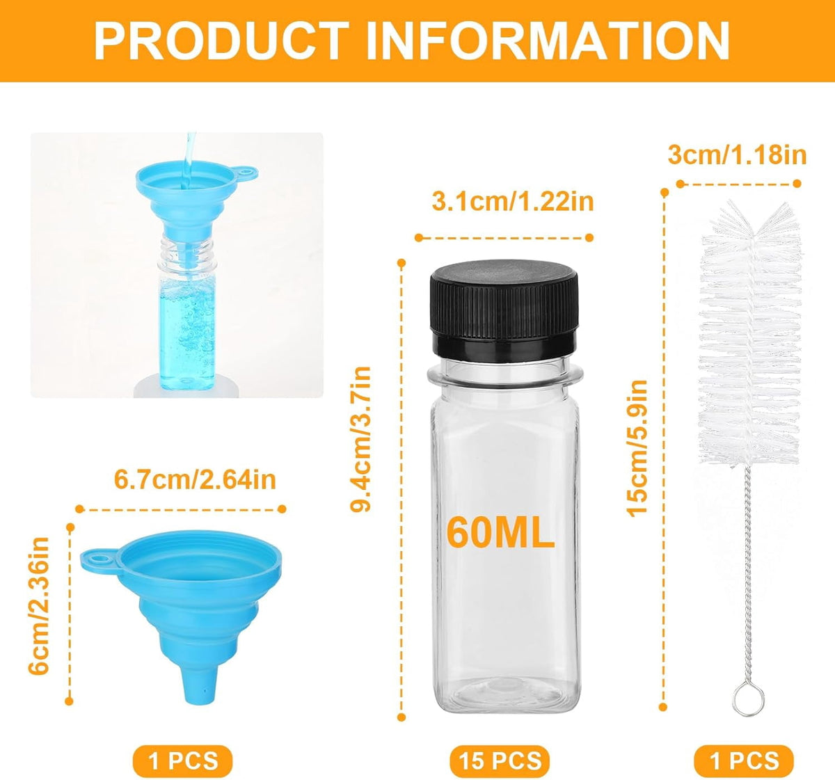LIOUCBD Pack of 15 Small Bottles for Filling 60 ml Ginger Shot Bottles for Filling Plastic Bottles Juice Bottles Mini Empty Smoothie Bottles Transparent with Funnel Brush for Ginger Juicer