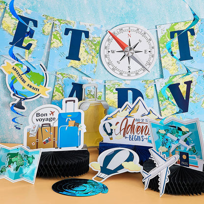 16 Pieces Travel Themed Party Decorations Let the Adventure Begin Banner Bon Voyage Party Decorations Travel Honeycomb Centerpieces for Trav