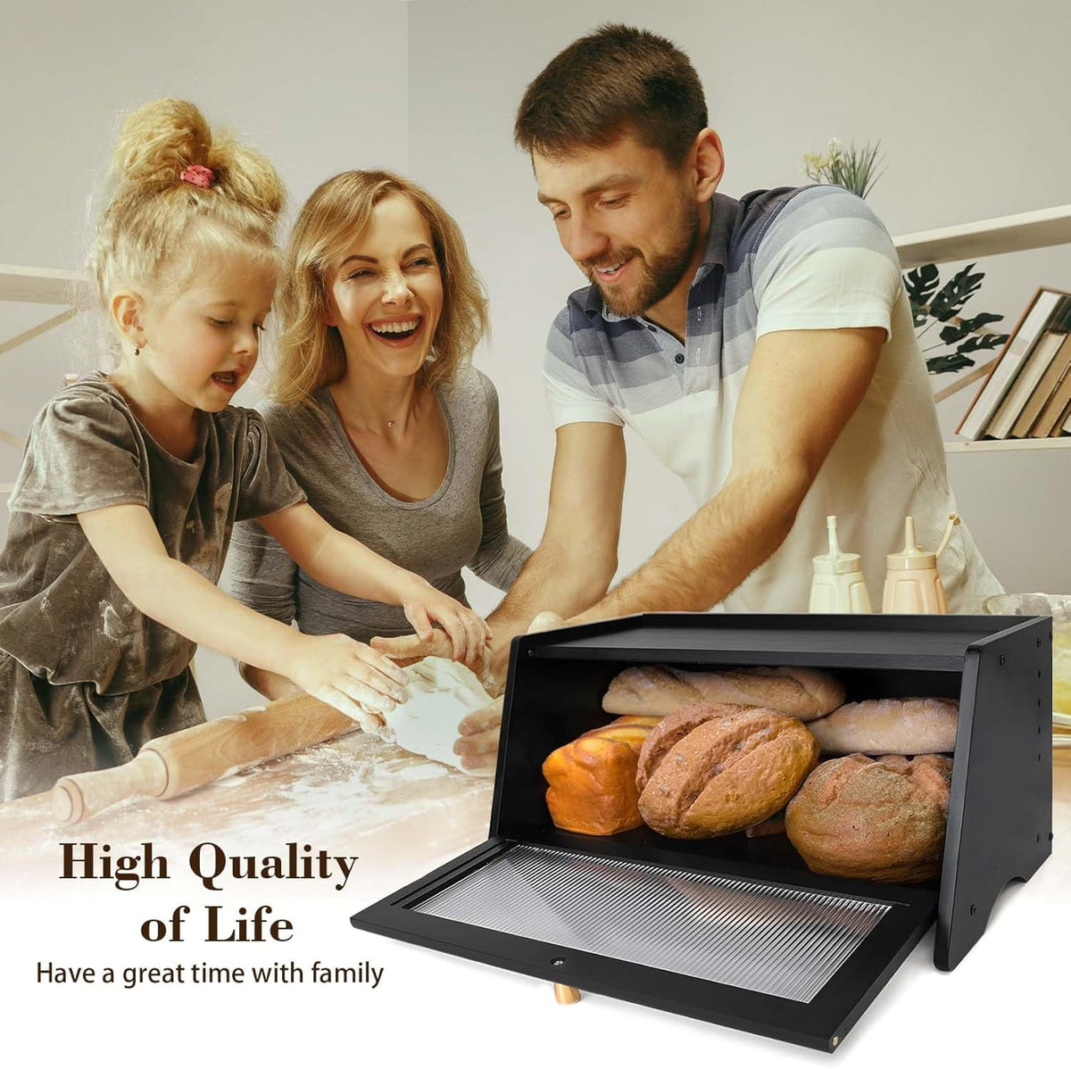 Black Bread Box for Kitchen Countertop, Yeulluey Bamboo Bread Box Bread Storage Container for Homemade Bread, Large Bread Bin with Window and Air Vents to Keep Fresh Bread