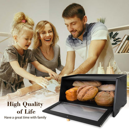 Black Bread Box for Kitchen Countertop, Yeulluey Bamboo Bread Box Bread Storage Container for Homemade Bread, Large Bread Bin with Window and Air Vents to Keep Fresh Bread
