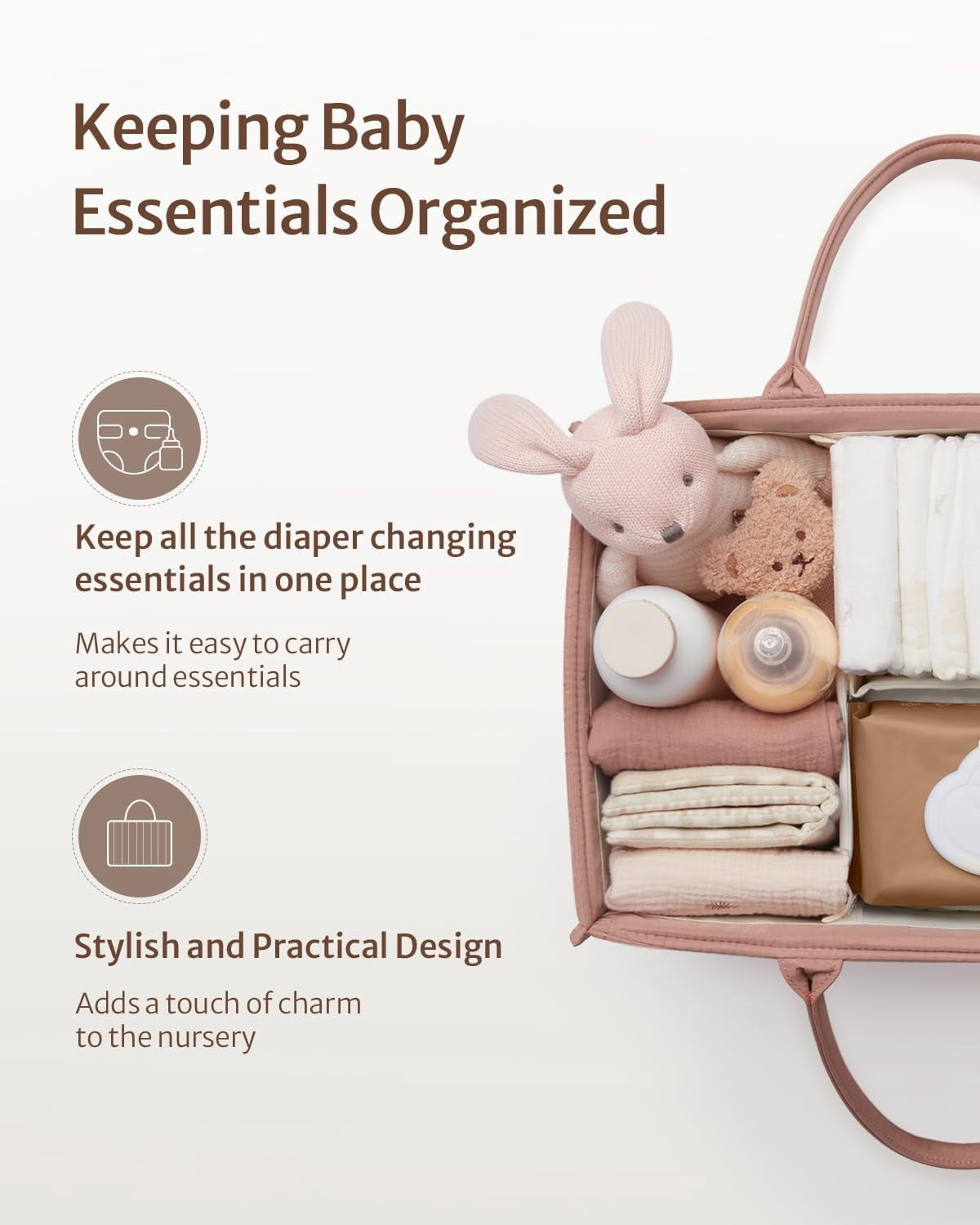 CareLoom Baby Diaper Bags Caddy Organizer, Baby Shower Basket for Girls, Gift for Newborn Essentials, Baby Registry Must Have, Stylish Baby Basket for Changing Table Car Travel - Blush Pink