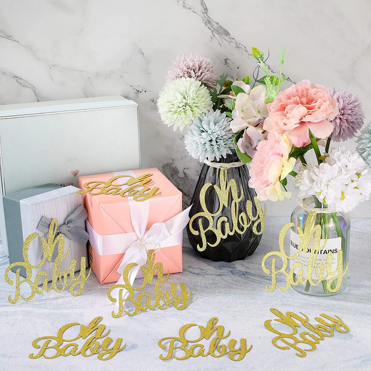 10 Pieces Baby Shower Cutout, Baby Table Centerpiece, Glitter Gender Reveal Party Decoration, Baby Shower Table Decoration with Rope for Hom