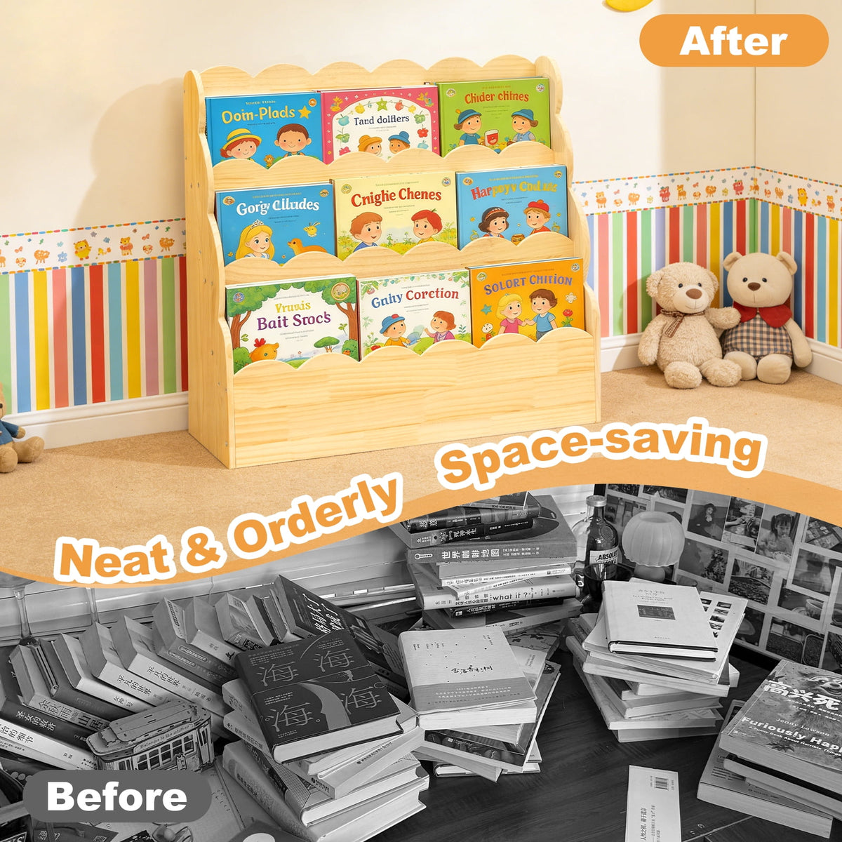Yeulluey 3-Tier Scalloped Bookshelf, Montessori Bookcase for Toddlers, Wooden Book Shelf Organizer Display Furniture for Kids Rooms, Playroom, Nursery , Natural