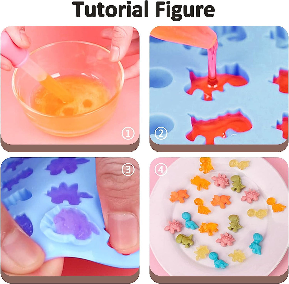 4 Pcs Gummy Molds, STONCEL Non-stick Silicone Chocolate Molds with 2 Droppers, Mini Candy Molds Including Dinosaur Donut Heart Star Shape for Chocolate Jelly Ice Cube Candy Baking Cake Decoration