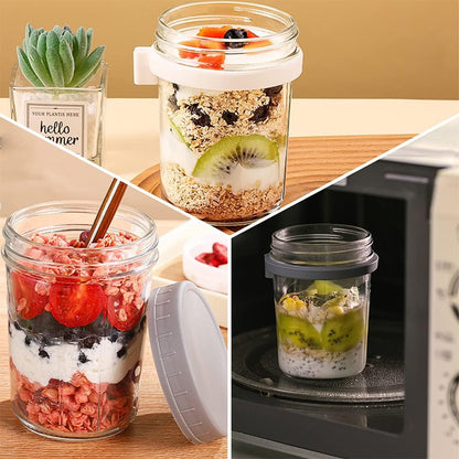 3PCS Overnight Oats Containers with Lids and Spoon, 10oz Overnight Oats Jars, Large Airtight Oatmeal Container with Bag, Glass Mason Jars fo