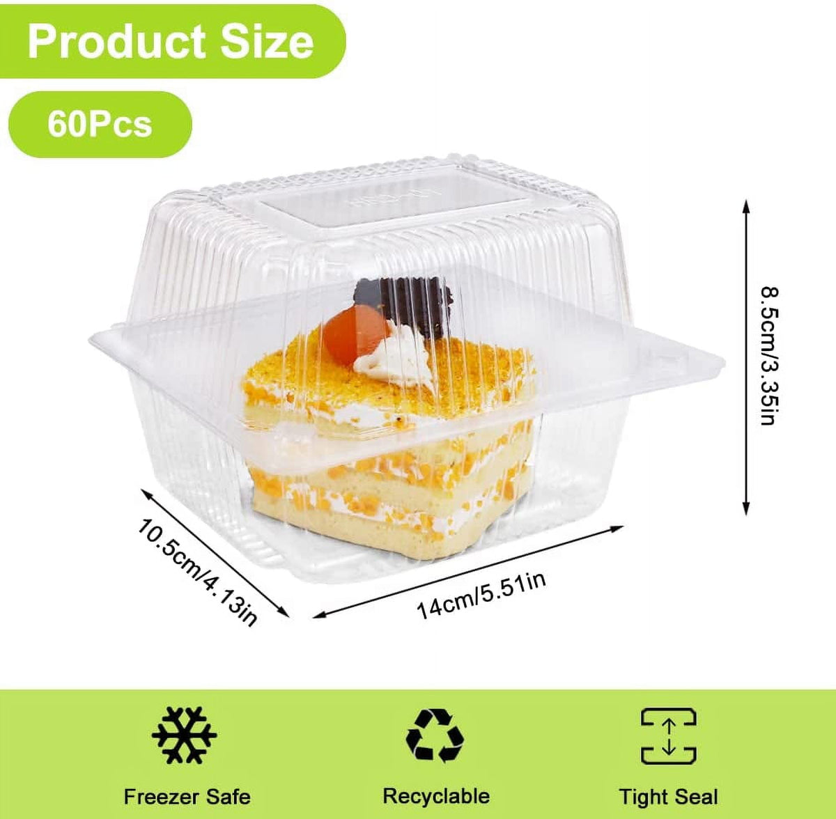 60Pcs Cake Slice Boxes, STONCEL 14 x 10.5cm Clear Plastic Clamshell Food Square Boxes with Lids, Reusable Single Hinged Dessert Containers for Cake Hamburger Sandwiches
