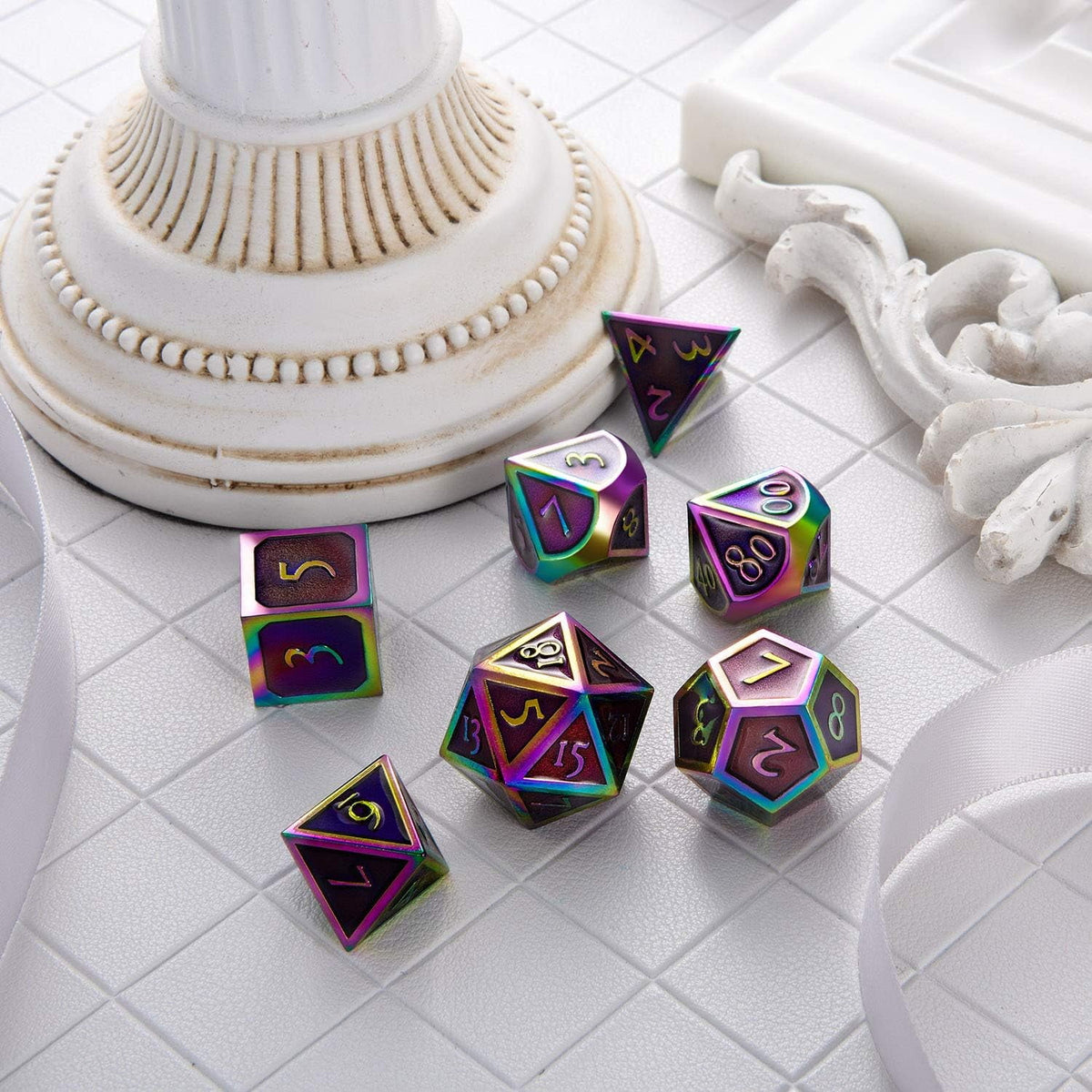 7 Pieces Metal Dices Set DND Game Polyhedral Solid Metal D&D Dice Set with Storage Bag and Zinc Alloy with Enamel for Role Playing Game Dung