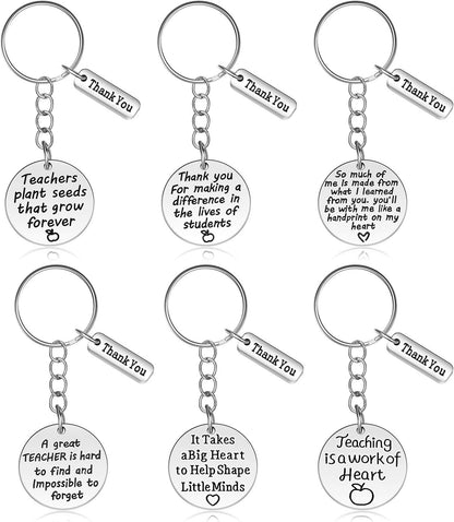 6 Pcs Teacher Appreciation Gift Keychain for Women Thank You Teacher Keychain Heart Shaped Keychain Inspirational 2023 Teacher's Day Jewelry