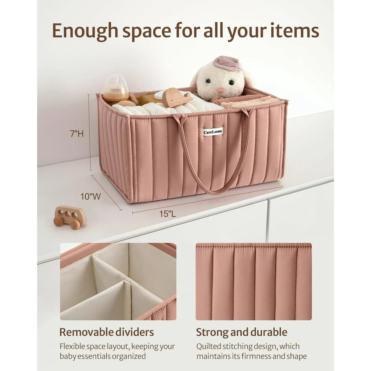 CareLoom Baby Diaper Bags Caddy Organizer, Baby Shower Basket for Girls, Gift for Newborn Essentials, Baby Registry Must Have, Stylish Baby Basket for Changing Table Car Travel - Blush Pink