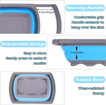 QUMENEY Collapsible Colander Strainer, Over the Sink Colander，Vegetable/Fruit Colanders Strainers with Extendable Handles,6 Quart,Blue
