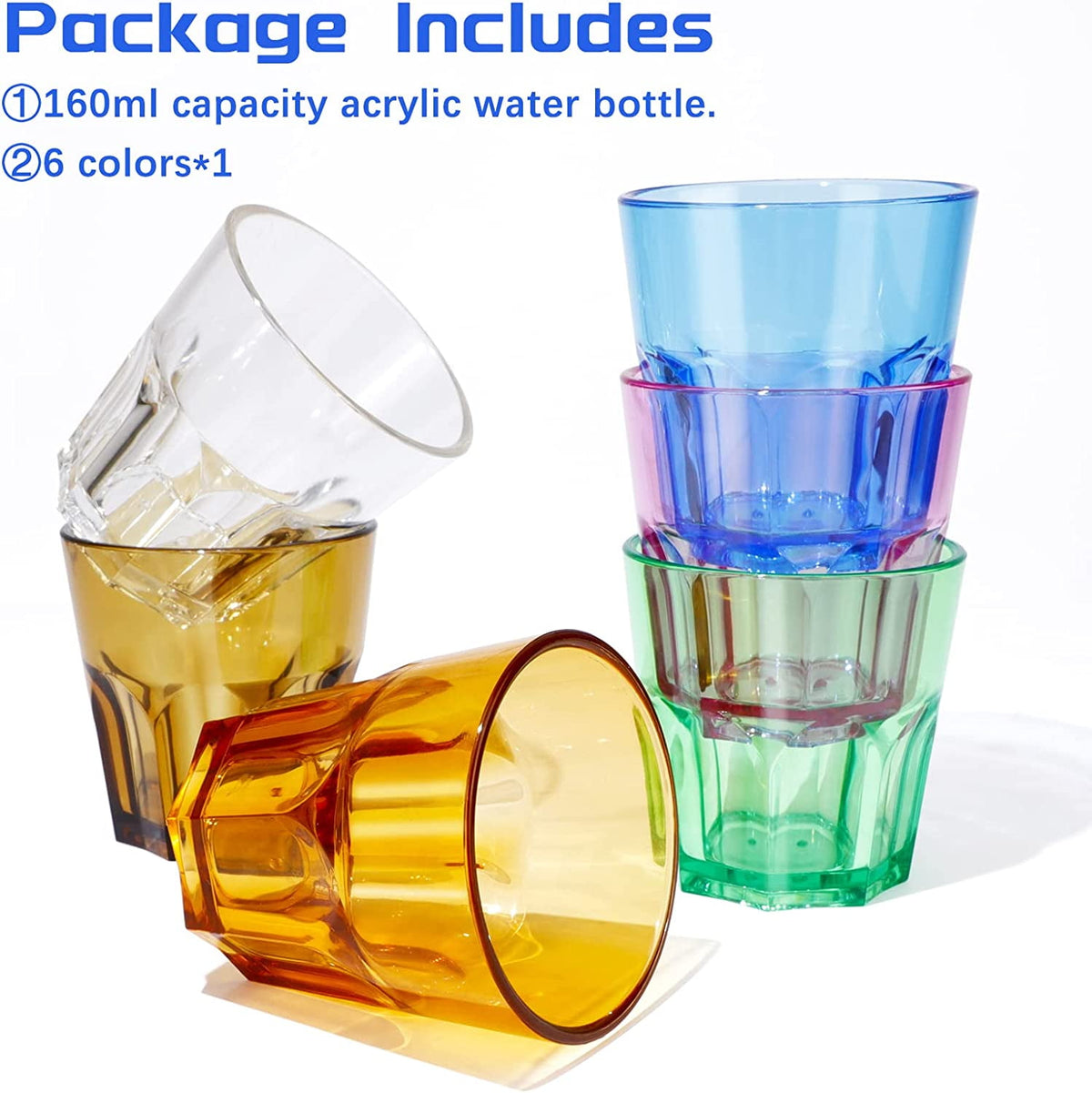 Colored Acrylic Glasses Drinkware, Unbreakable Glasses Drinking Set of 6, Plastic Cups Reusable, Dishwasher Safe, Small Water Tumbler Cups for Kids Picnic Christmas Gift Party Juice Whiskey Wine