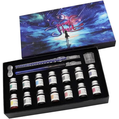 STONCEL Glass Dip Pen Set, 18-Pieces Calligraphy Pens Set - 14 Color Inks, Pen Holder, Cleaning Cup, 2 Crystal Glass Pens for Art, Writing, Drawing, Signatures, Gift for Artist