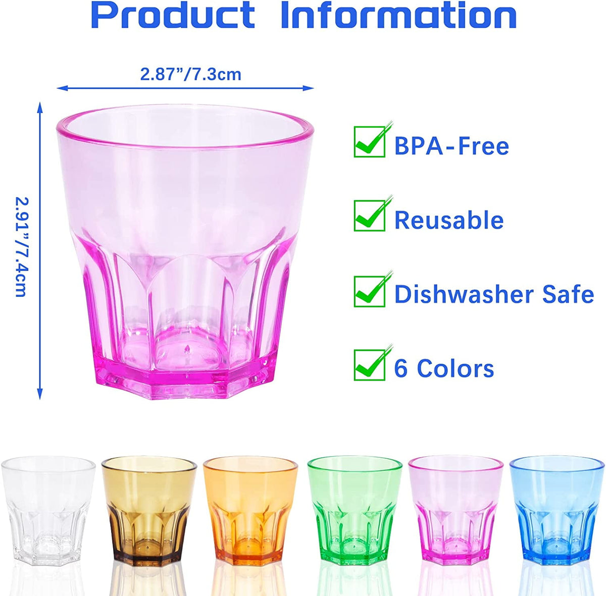Colored Acrylic Glasses Drinkware, Unbreakable Glasses Drinking Set of 6, Plastic Cups Reusable, Dishwasher Safe, Small Water Tumbler Cups for Kids Picnic Christmas Gift Party Juice Whiskey Wine
